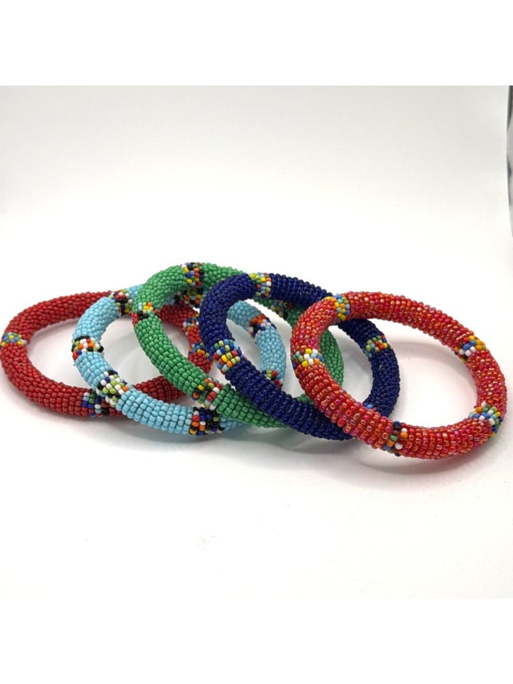 Handcrafted African Beaded Bangle Bracelets Stacked Seed Bead Sliders Set Lot 5 - Picture 2 of 15